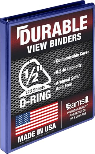Image of Samsill Durable 0.5 Inch Binder, D Ring Binder, Customizable Clear View Cover, Dark Blue, Holds 125 Pages