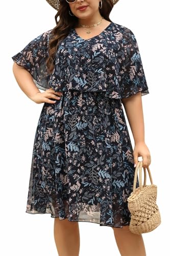 Keluummi Plus Size Summer Wedding Guest Dress for Curvy Women, Casual Boho Floral Empire Waist Midi Flowy Dress with Sleeve