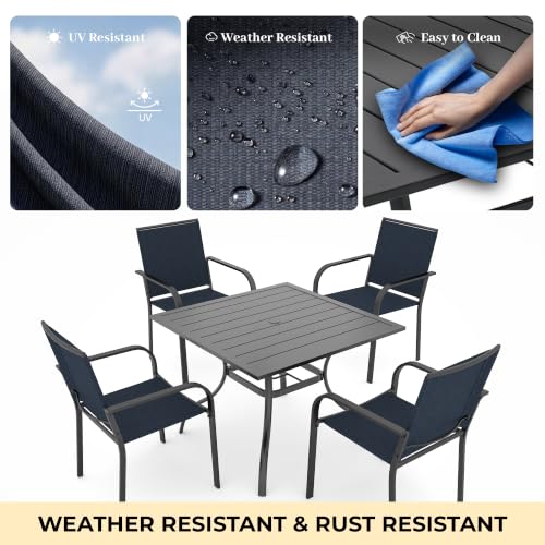 Image of Anmutig 5 Pieces Patio Dining Set, Outdoor Furniture Set Includes 1 Square Patio Table and 4 Stackable Patio Chairs, Outdoor Table and Navy Chairs for Garden Backyard Deck