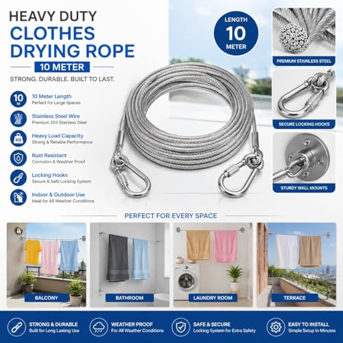 Image of Heavy Duty Clothes Drying Rope with Hooks, Stainless Steel Wire Clothesline for Balcony, Bathroom & Outdoor Use (10 Meter)