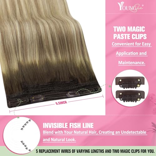 Image of YoungSee Wire Hair Extensions for Women Balayage Invisible Wire Hair Extensions Real Human Hair Walnut Brown Ombre Light Brown with Blonde Short Straight Headband Hair Extension Remy Hair 12inch 75g