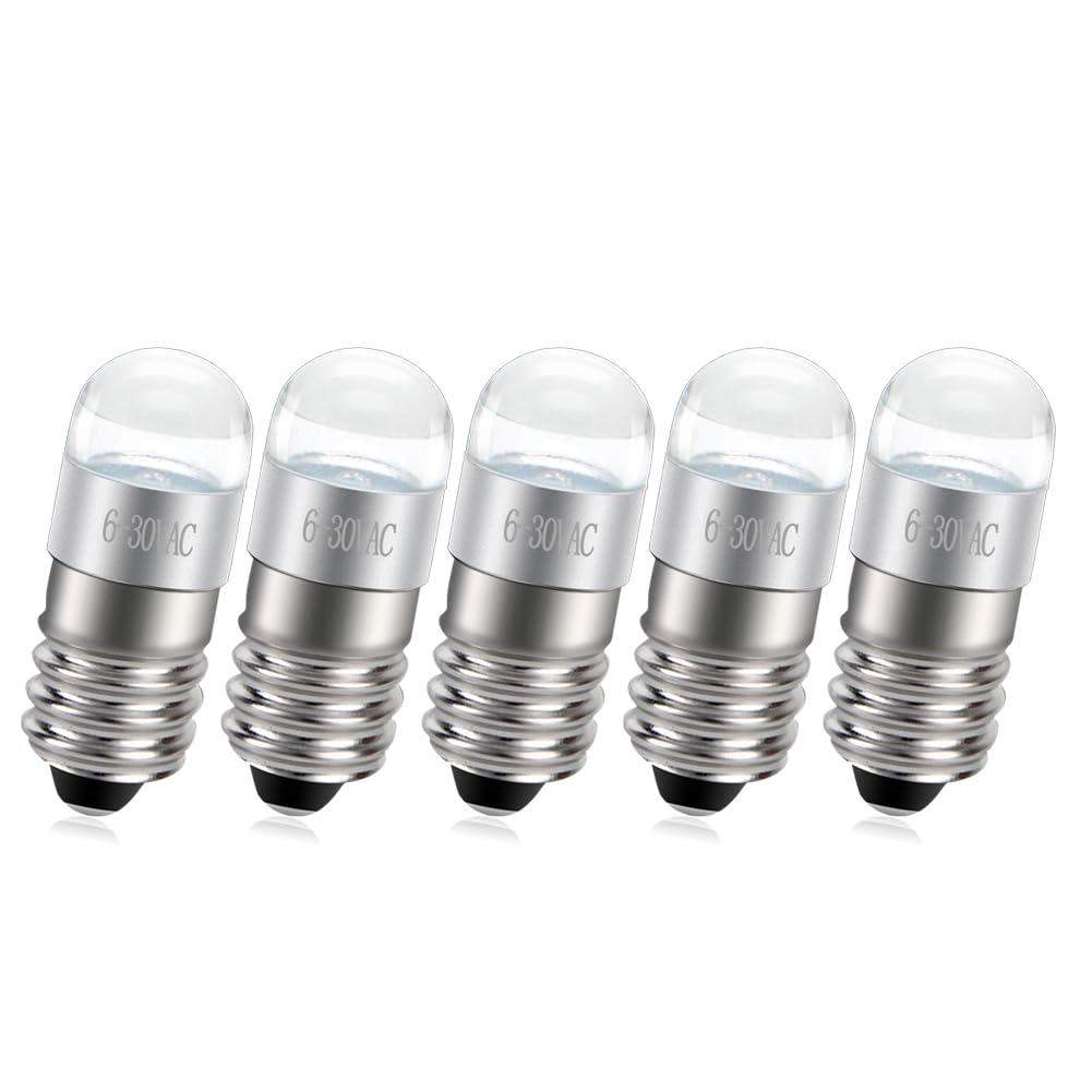 Ruiandsion Upgrade E10 Hiking Camping Light Super Bright White LED Flashlight Bulb 0.6W 6-30V 6V 12V 24V LED Replacement Bulb Torch Lamp Emergency Work Lights White,No-Polar 5PCS
