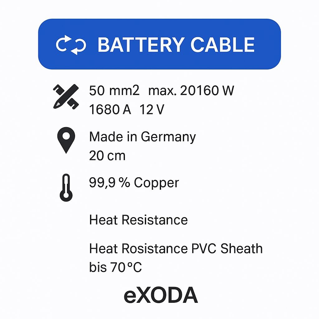 Exoda câble de batterie 50mm² 20cm M8 noir 99 pour cent cuivre pour voiture bateau moto jusquà 1680A 12V 20160W puissance maximale résistant à la chaleur flexible pour connexions sûres