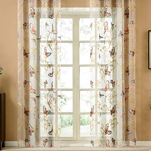 Topfinel レースカーテン UVカット 半遮光 遮熱 蝶柄 幅100x丈130cm 2枚組 マルチカラー