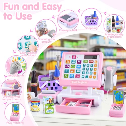 Image of PLAY Kids Cash Register Toy - Pretend Play Calculator Register Toys with Microphone /Conveyors /Play Money /Scanner /Credit Card /Cans /Drink, 3+ Toddler Develops Early Math Skills Learning Toys
