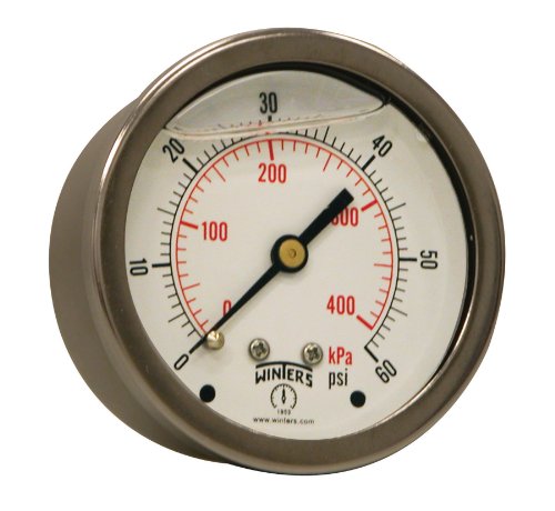 Image of Winters 2-1 /2 inch Dial Size, Liquid Filled Industrial Pressure Gauge, Brass Internals, 304 Stainless Steel Case, Dual Scale 0-60 psi /kPa, 1.5% Acc, 1 /4 inch NPT Back Mount, Glycerin Filled Pressure Gauge