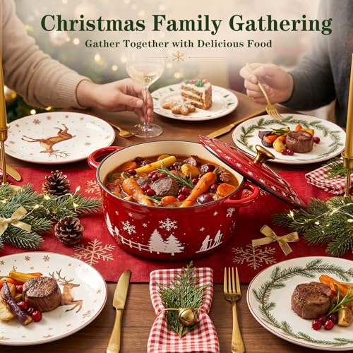 QuliMetal Schmortopf aus emailliertem Gusseisen, rund, 24 cm, mit weihnachtlichen Motiven | Für Schmoren, Eintöpfe & Braten… – Ansicht 2