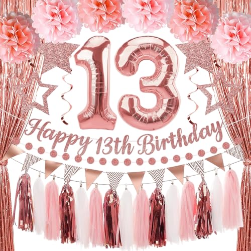Happy 13th Birthday Decorations For Girls,Pink Rose Gold 13th Birthday Banner , Tissue Pompoms, Circle Dots Garland, Tassel Garland,Fringe Curtains,Birthday Cake Topper, Party Supplies