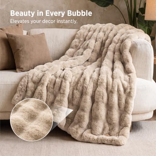 Image of Bedsure Fluffy Bubble Faux Fur Throw XL Blanket, 50 inchx70 inch, Light Beige