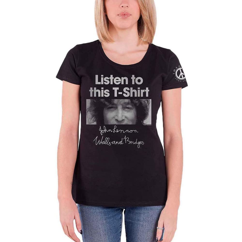 John Lennon Women's Listen Regular Fit Crew Neck Short Sleeve T - Shirt, Black (Black Black), 12 (Manufacturer Size:Large)