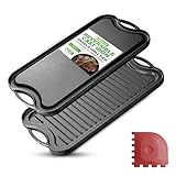 Nutrichef Reversible Cast Iron Griddle Pan – 51 x 26cm, Non-Stick Flat and Ridged Grill Pan for Hob/Oven/BBQ, Induction and Gas Safe, PFOA & PFOS Free, Includes Scraper- Black