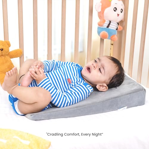 Image of Cherilo Standard Elevated Wedge Pillow for Baby Crib & Mattress, Elevate Baby to Prevent Acid Reflux, Colic, GERD, Heat Burn & Vomiting | 14 inch x 19 inch x 3.5 inch | - with Removable Velvet Cover - Grey