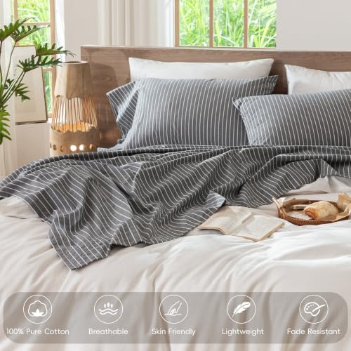Image of MooMee Striped Sheet Set 100% Washed Cotton Linen Like Queen