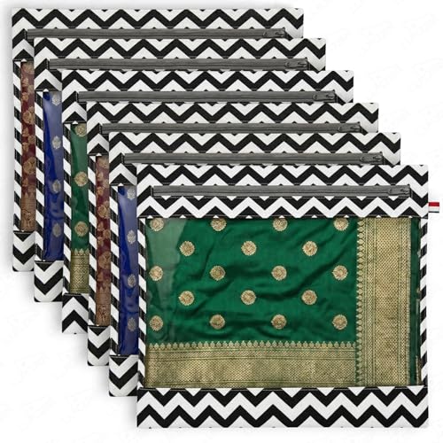 Image of Lukzer Single Non-Woven Zigzag Printed Saree Covers for Storage Set of 6 (16 x 14 Inch) Big Size Bags with Zip Closure & Transparent Window Wardrobe Organizer for Clothes /Lehenga /Dresses SSC-02-06