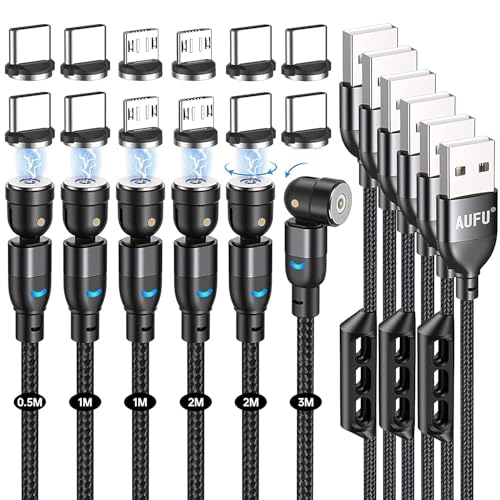 AUFU Magnetic Charging Cable Magnetic Charger Cable 6 Pack [0.5m/1m/2m/3m] USB C 360 and 180 Rotatable With Micro/Type C for Smartphone
