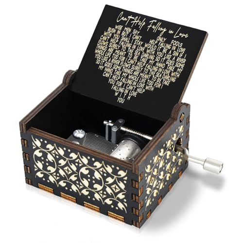 Akrehyull Can't Help Falling in Love Music Box, Hand Crank Vintage Wood Engraved Musical Boxes Case, Anniversary Valentines Birthday for Lover, Boyfriend, Girlfriend, Wife, Husband (Black)