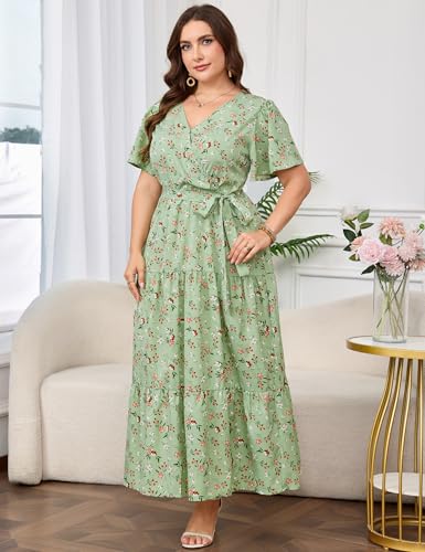 Image of ShopWonder Womens Plus Size V Neck Wrap Maxi Dress High Waist Ruffle Summer Casual Dress with Belt