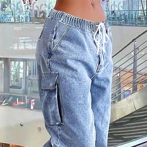 Cargo Jeans Women Elastic Waist Stretch Wide Leg Denim Pants Pockets Baggy y2k Streetwear Pants4