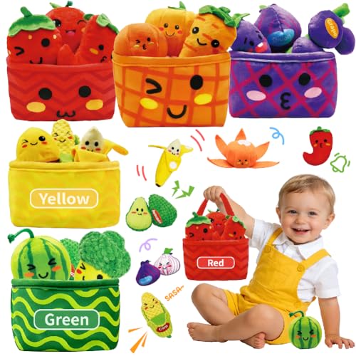 Image of Play Food for Toddlers 1-3, Plush My First Fruit Vegetables Basket Color Sorting Rattle, Squeaker & Crinkle Play Food Set for Kitchen Baby Sensory Toys Easter Basket Stuffers Birthday Gifts 20PCS