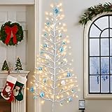 ElectricWise 5 FT 144 LED Lighted Wall Christmas Tree with Decorative Balls, 8 Light Modes Plug in Half Christmas Tree, Hanging Flat Mounted Trees for Holiday Apartment Room (Silver, Blue and White)