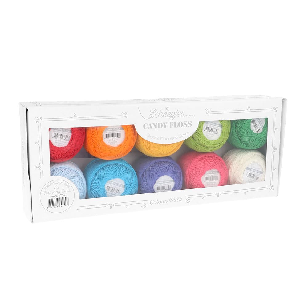 Scheepjes Candy Floss (165m) Colour Pack Yarn - for Knitting or Crocheting Projects, Mercerised Cotton, 1st - Birthday Cake, 10 x 20g