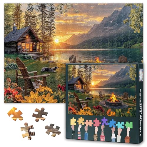 TUMOVO Fall Lakeside Cabin Jigsaw Puzzles 1000 Pieces, 27.5x19.7 inch