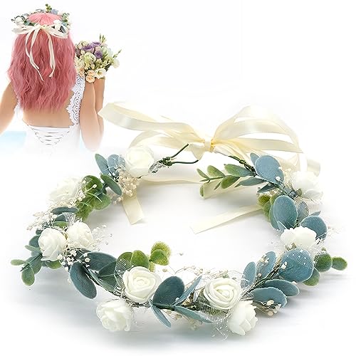 Coroa flores mulher, diadema de flores mulher Eucalyptus diadema florais dama de honra da flor tocado para casamentos festa festival