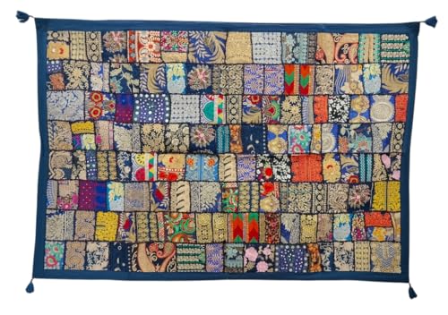 Image of Ekam Art Rajasthani Handmade Embroidery Cotton Patchwork Tapestry Cotton Wall Decor Hanging Beaded Tapestries 40 x 60 Inch (Blue)