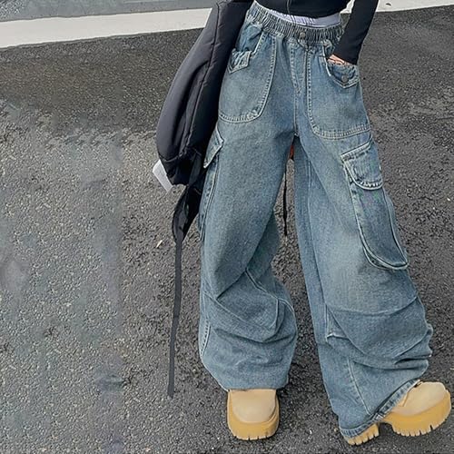 Blue Cargo Jeans for Girls Elastic Waist Baggy Wide Leg Jeans with Pockets Kids Autumn Winter Denim Preppy3