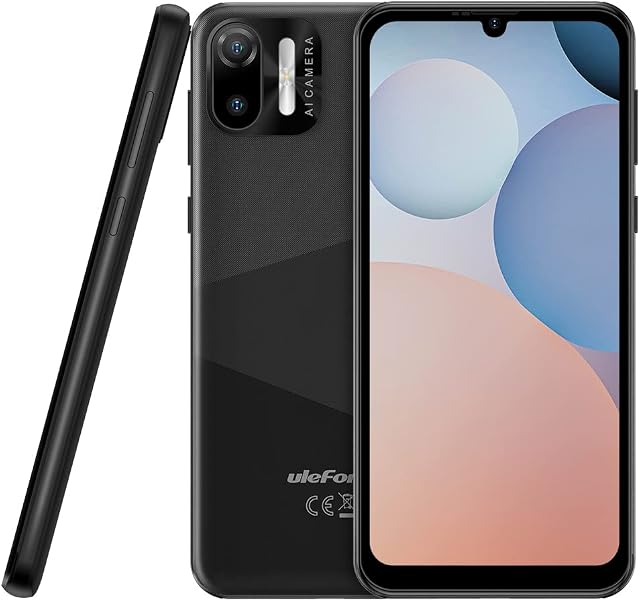 Ulefone Android 12 Mobile Phone Unlocked NOTE 6T, 2.0GHz Quad Core 3GB+64GB, 8.5mm Ultra Slim DUAL SIM-Free Smartphone, 6.1'' HD+ Screen, 3-Card Slot, 4G Phone, 13MP+5MP Camera, Face Unlock GPS Black