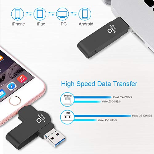 Flash Drive Compatible iPhone, Photo Stick 128GB Support iPhone, Memory Stick Photostick Mobile, Thumb Drive USB 3.0 Compatible iPhone/iPad/Android Backup OTG Smart Phone QARFEE Black - Thumbnail 5
