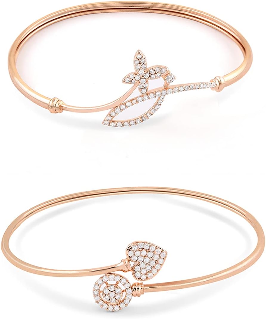 Set of 2 Rose Gold Contemporary Cubic Zirconia Brass Kada Style Bracelet For Women-ZPFK11103