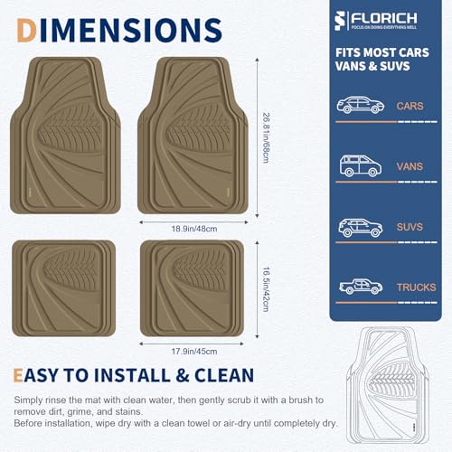 Image of FLORICH Car Floor Mats, Waterproof Universal Heavy-Duty 4 Pieces Rubber Floor Mats for Cars, Full Set Car Mats with Anti-Slip Backing Fit for Most SUV, Vans,Trucks, Sedan(Beige)