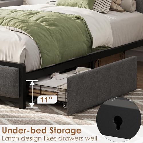 Image of GAOMON Twin Size Bed Frame with 2 Storage Drawers and Charging Station, Rustic Linen Upholstered Platform Bedframe with Storage Headboard, Heavy Duty, No Box Spring Needed, Easy Assembly, Noise Free