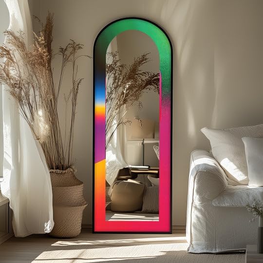 23,5’’W x 67’’H Neon Bloom – Abstract Floor Mirror Arched Full Lenght Mirror - Arch Full Body Stained Floor Mirror with Black Frame with Gold Frame