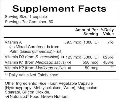 Natura Health Products - Vitamin D-A-K, Bone, Heart And Vision Supplement - With Food Grown Vitamins D3 5000 Iu, K1, K2, And Vitamin A From Carotenoids- 60 Capsules #TOP1