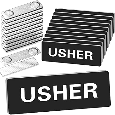 10 Pcs Magnetic Usher Name Tag for Church Acrylic Usher Badge Name Tag with Magnet Black Reusable Usher Name Badge Bulk for Uniform Clothes Church Gatherings, 1 x 3 Inch, Round Corners Cover