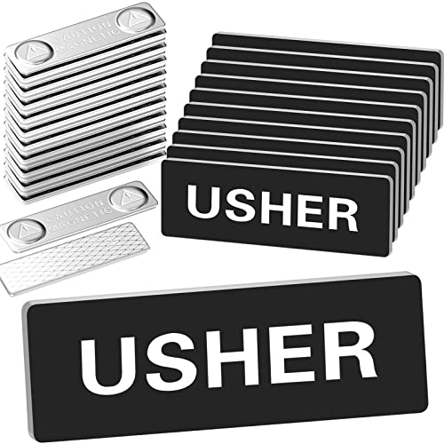 Sabary 10 Pcs Magnetic Usher Name Tag for Church Acrylic Usher Badge Name Tag with Magnet Reusable Badge Bulk for Uniform Clothes Church Gatherings, 1 x 3 Inch, Round Corners(Black White)