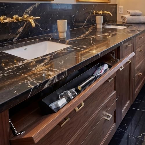 Zonon 2 Set 19 Inch Tip Out Tray for Front Sink Drawer with Hinges and Mounting Plate Includes Screws and No-Drill Adhesive, Metal Pull Out Storage Organizer for Kitchen Bathroom Cabinet - Image 2
