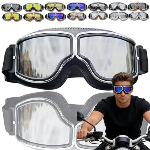 Legvixi OTG Vintage Motorcycle Goggles Fits Over Glasses Soft Padded Riding Glasses with Anti-Slip Strap (Black Brown Lenses)