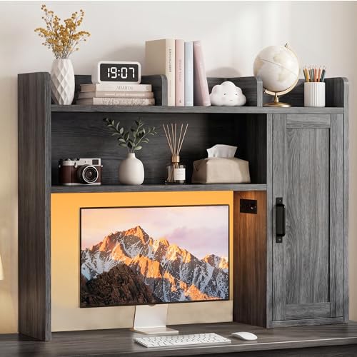 Image of Dorm Desk Hutch, Desktop Shelf with 6 Shelves and Power Outlets 37.4 inch Desk Hutch with Drawers & RGB LED Light Over Desk Organizer Desktop Storage Shelf for Dorm Office Home Computer Desk-Grey