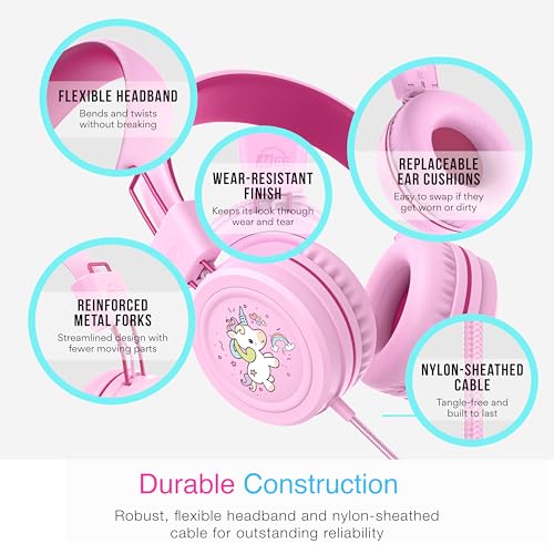 Image of MEE audio KidJamz KJ55 Wired Children's Headphones with 3.5mm Plug, Colorful Graphics, Volume Limiter & Microphone, Adjustable On-Ear Kids Headset for Online Learning /School /Travel /Tablet (Pink)