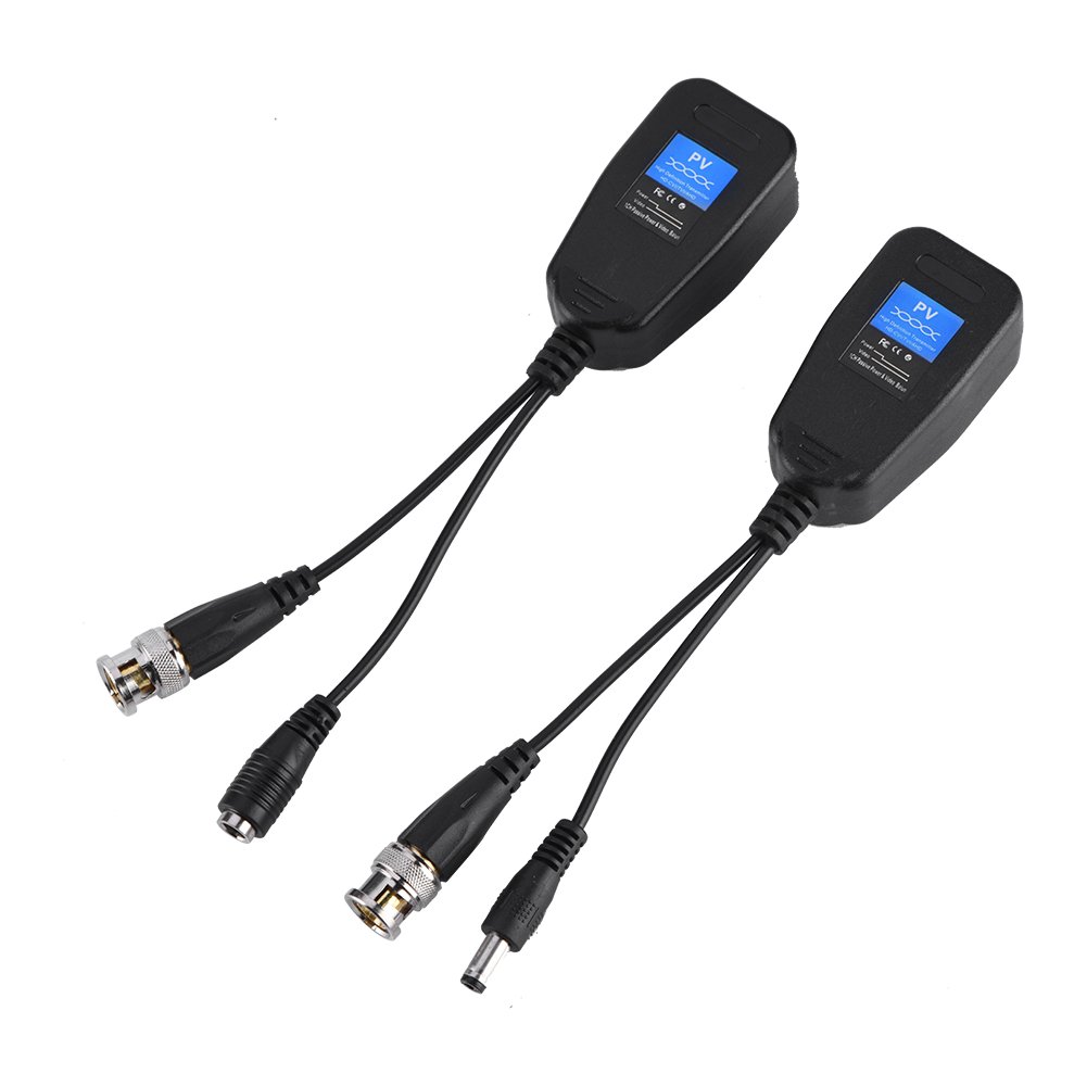 Qioni 1Pair Power Video Balun, HD-CVI/TVI/AHD Passive CCTV Coax BNC Video Balun with Power Connector and RJ45 CAT5 Data Transmitter, Compact Size and Easy Installation