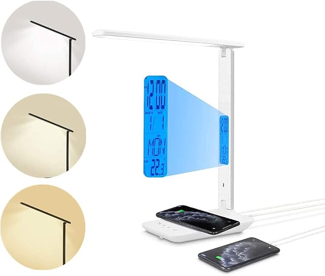 ICHDICH LED Desk Lamp with Wireless Charger, 5 Levels of Dimmable Lighting 3 Color Temperature Office Lamp USB Charging Port Foldable Table Lamp with Clock, Alarm, Date, Temperature, White