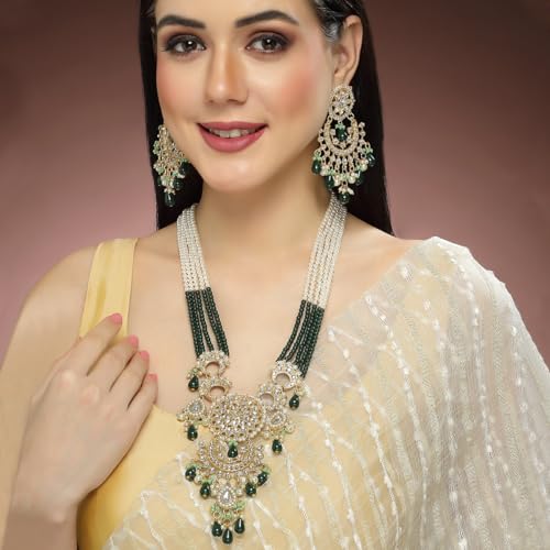 Image of Karatcart Gold Plated Green Crystal and Pearl Studded Kundan Rani-Haar Necklace Set for Women
