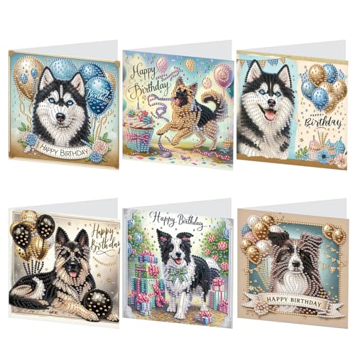 Image of 6 Packs Diamond Painting Greeting Card Kits Diamond Art Dog Laser Effect Greeting Cards Animal Special Shaped Diamond Art Greeting Card Arts Crafts for Christmas Birthday Thanksgiving Day(30x15cm)