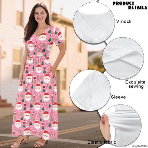 Image of Women's Fall Summer Short Sleeve Ankle Length V-Neck Party Dress with Pockets Size S-3XL
