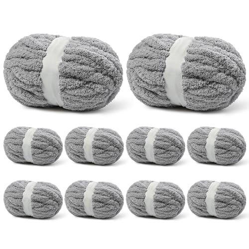 Image of (10 Skein) Light Gray Fluffy Chenille Chunky Yarn for Crocheting, Super Jumbo Bulky Yarn for Hand Knitting Blanket, Big Soft Thick Crochet Yarns (24 yds /7.05 oz Each)