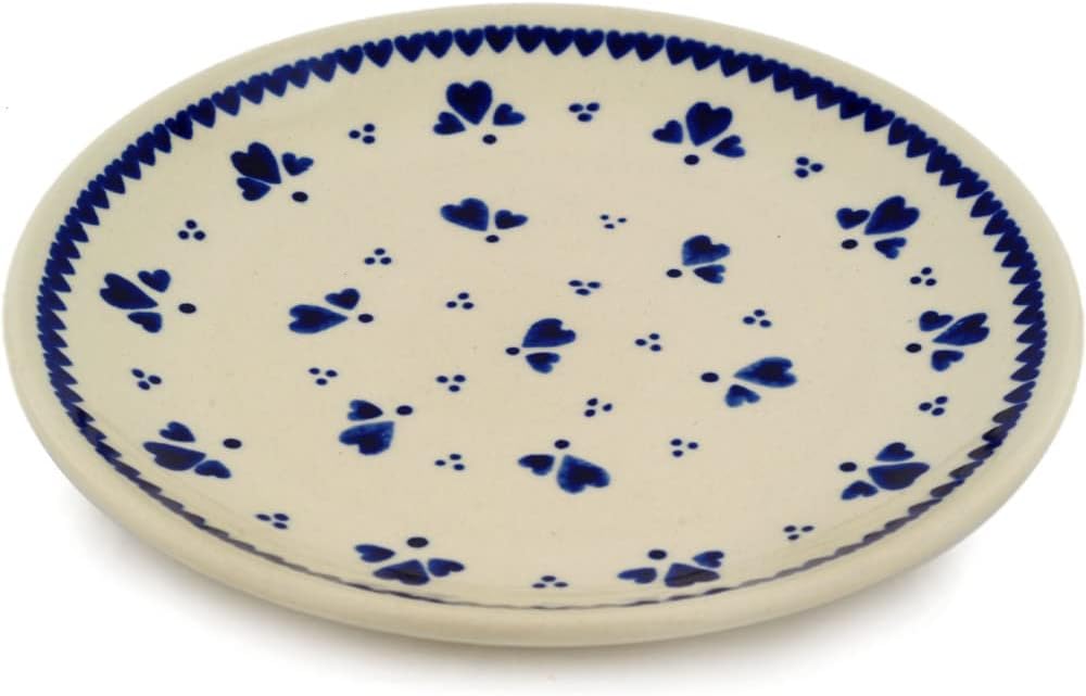 Polmedia Polish Pottery Dessert Plate - Blue Heart Trio Pattern Handmade in Boleslawiec Poland + Certificate of Authenticity