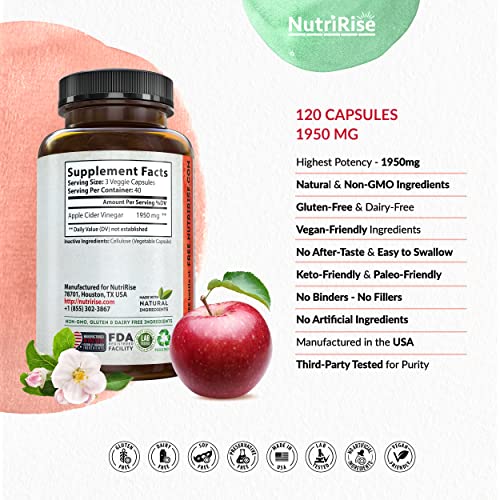 Apple Cider Vinegar Capsules - 3X Potency 1950mg - Weight Management Support for Women & Men, Keto, Digestive Support & Wellness Formula, Gluten-Free & Vegan Pills, 120 Count